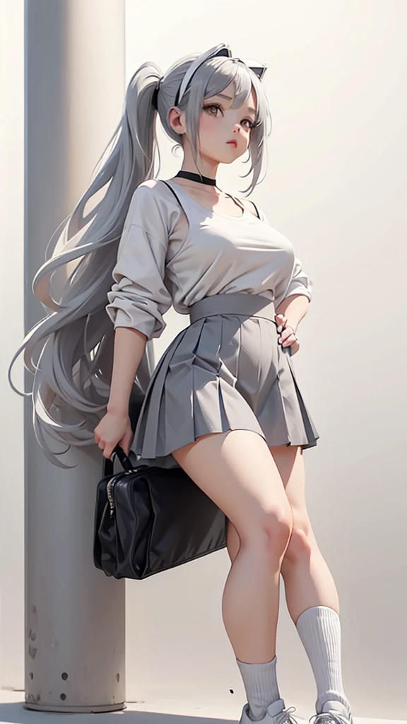 1 girl, 18 year old, hair in pony tail, small breasts, , big hips, big lips, detailed , full body shot, looking directly at you. Wearng long knee socks, gray skirt, white tube top, white background 