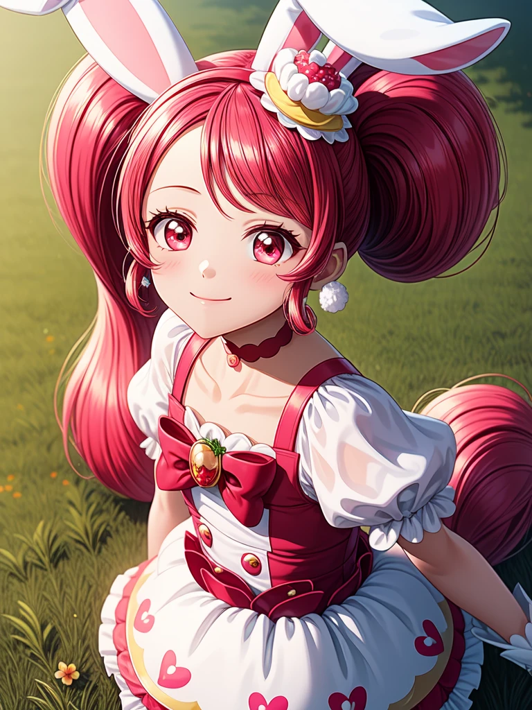 masterpiece, Highest quality, High resolution,One girl, alone, White gloves, Pink Hair, Magical girl, Animal ears, Bunny ears, Long Hair, food-themed hair ornaments, hair ornaments, Twin tails, jewelry, Pink Eyes, Extra ears, Earrings, Pink ribbon, Pom-pom (Clothes), Pink choker, hair band, smile, blush, Shiny skin, grassland, night, detailed, detailed shadow,