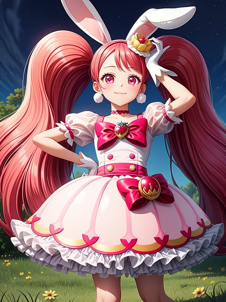 masterpiece, Highest quality, High resolution,One girl, alone, White gloves, Pink Hair, Magical girl, Animal ears, Bunny ears, Long Hair, food-themed hair ornaments, hair ornaments, Twin tails, jewelry, Pink Eyes, Extra ears, Earrings, Pink ribbon, Pom-pom (Clothes), Pink choker, hair band, smile, blush, Shiny skin, grassland, night, detailed, detailed shadow,