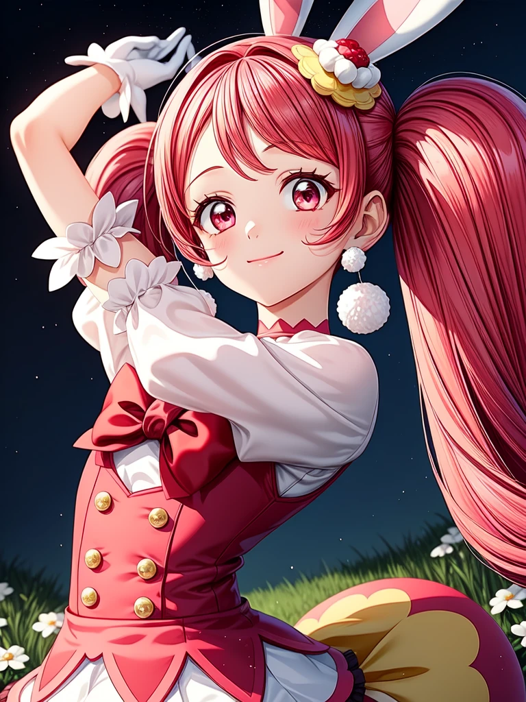 masterpiece, Highest quality, High resolution,One girl, alone, White gloves, Pink Hair, Magical girl, Animal ears, Bunny ears, Long Hair, food-themed hair ornaments, hair ornaments, Twin tails, jewelry, Pink Eyes, Extra ears, Earrings, Pink ribbon, Pom-pom (Clothes), Pink choker, hair band, smile, blush, Shiny skin, grassland, night, detailed, detailed shadow,