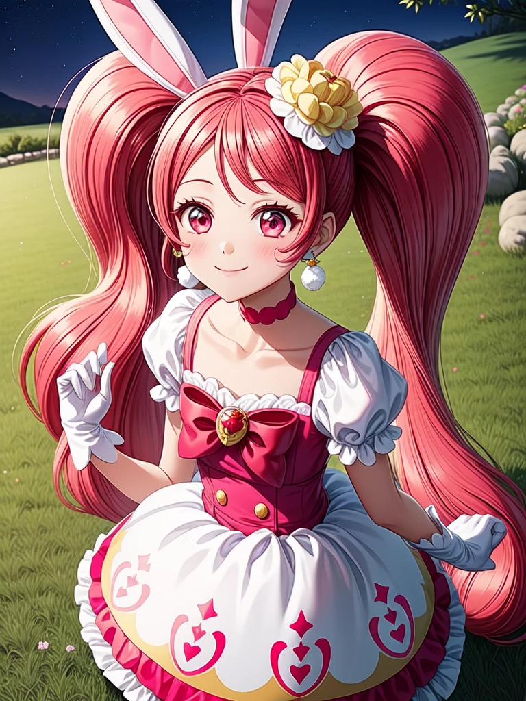 masterpiece, Highest quality, High resolution,One girl, alone, White gloves, Pink Hair, Magical girl, Animal ears, Bunny ears, Long Hair, food-themed hair ornaments, hair ornaments, Twin tails, jewelry, Pink Eyes, Extra ears, Earrings, Pink ribbon, Pom-pom (Clothes), Pink choker, hair band, smile, blush, Shiny skin, grassland, night, detailed, detailed shadow,