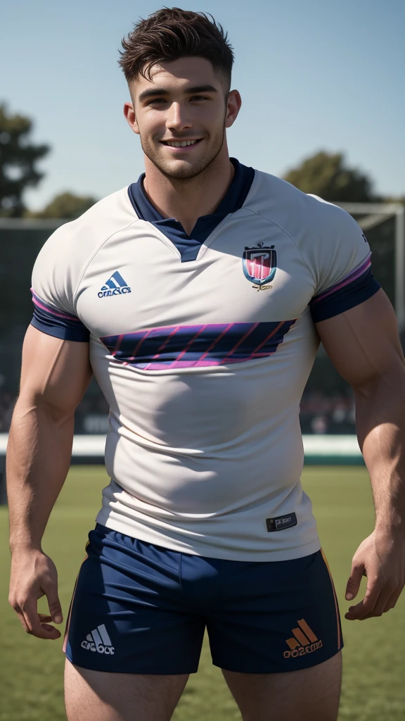 1 pale man rugby player ,Full body, rugby player, sport tight pants, bulge, rugby esportive uniform, Black wavy short hair fade , captivating large eyes, shaved European 30yo man with closed smile, large lips, hard light, wearing team rugby iridescent uniform, muscular chest, long legs, staring at camera, neck tribal tattoo, Wide shoulders, nice detailed smile, field rugby bokeh background, colorful golden-hour vivid colors.