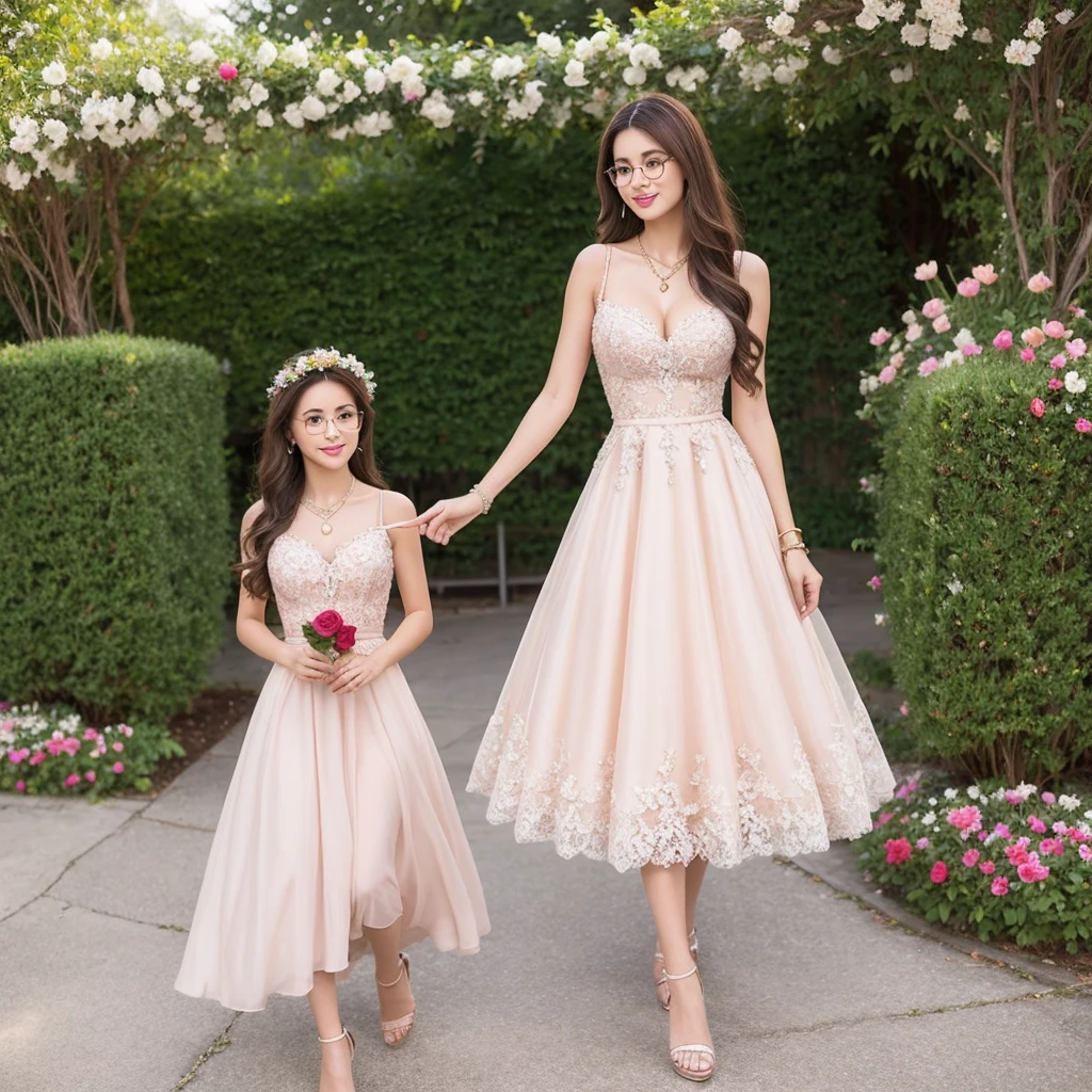 A very beautiful and stylish Iranian lady in a lace dress with a rose design, with long light brown hair, beautiful glasses and shiny brown high-heeled women's high-heeled shoes, with a charming smile, light pink nail polish, a heart-shaped necklace and a golden bracelet, in a garden of Beautiful roses, holding a shiny metal heart with a combination of gold and silver colors and a shiny wreath, that shine in the sunlight.