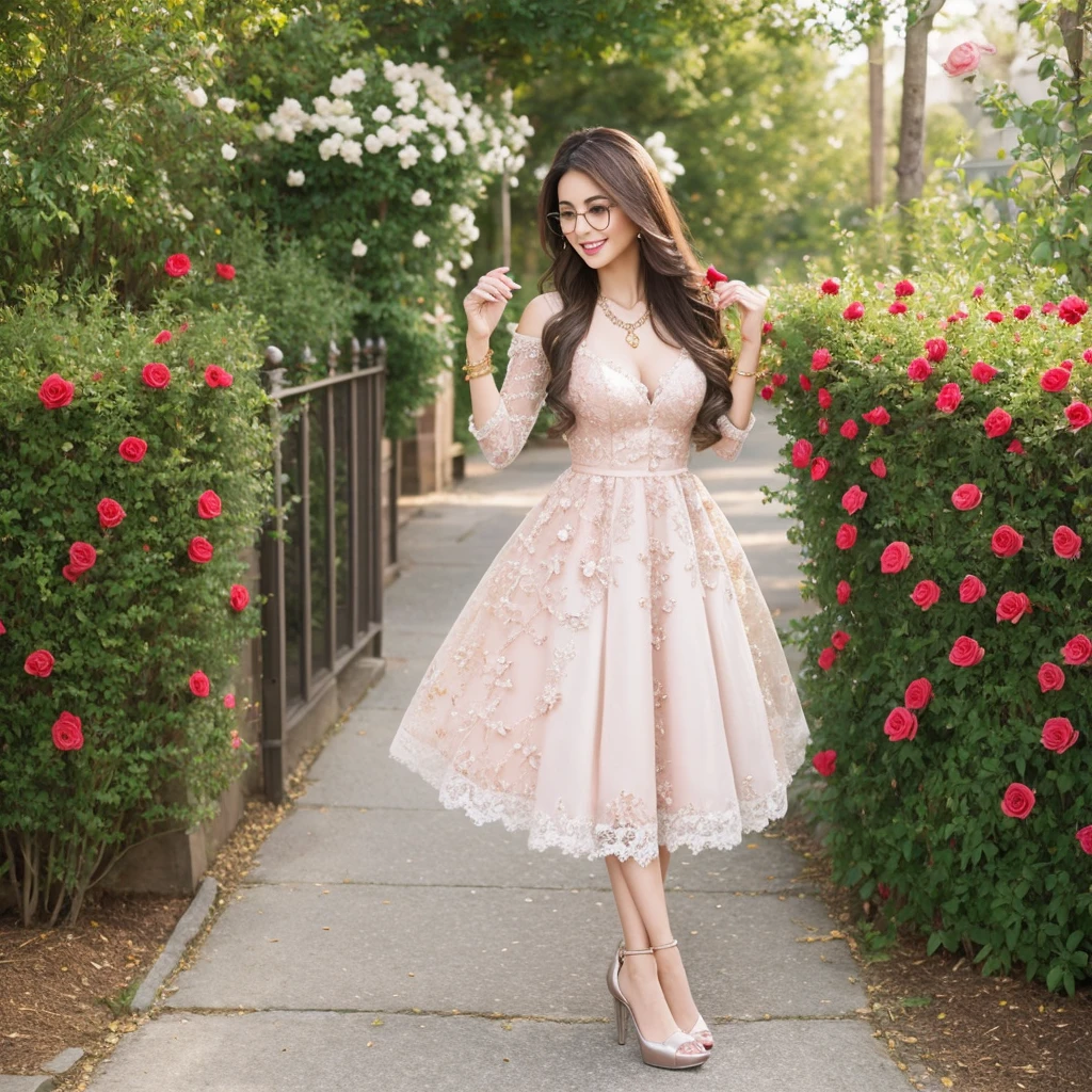 A very beautiful and stylish Iranian lady in a lace dress with a rose design, with long light brown hair, beautiful glasses and shiny brown high-heeled women's high-heeled shoes, with a charming smile, light pink nail polish, a heart-shaped necklace and a golden bracelet, in a garden of Beautiful roses, holding a shiny metal heart with a combination of gold and silver colors and a shiny wreath, that shine in the sunlight.