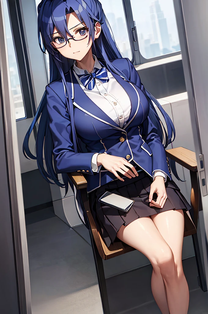 Highest quality, masterpiece,  ((Big Breasts)), uniform, blazer, Blue Hair, Glasses