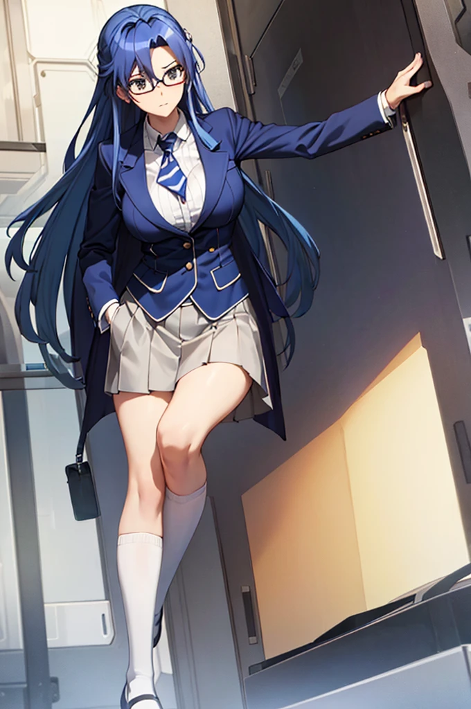 Highest quality, masterpiece,  ((Big Breasts)), uniform, blazer, Blue Hair, Glasses