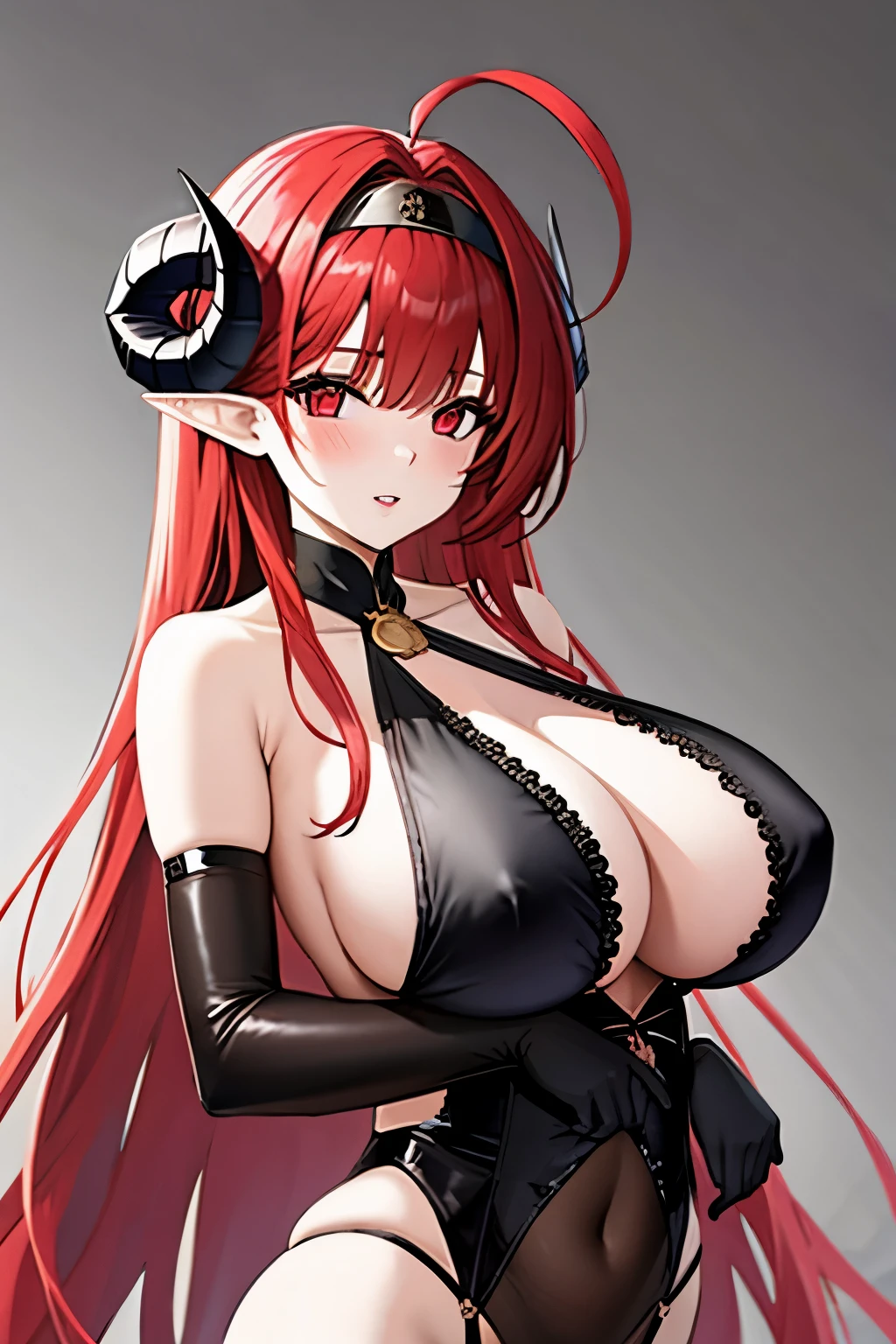 1girl, pointy ears, horns, solo, red hair, long hair, red eyes, bare shoulders, looking at viewer, huge breasts, gloves, elbow gloves, ahoge, hairband, black gloves, underboob, upper body, demon girl, hair intakes, very long hair, frills, slit pupils, parted lips,(shiny skin),(mature female:1.2),hindenburg \(azur lane\),