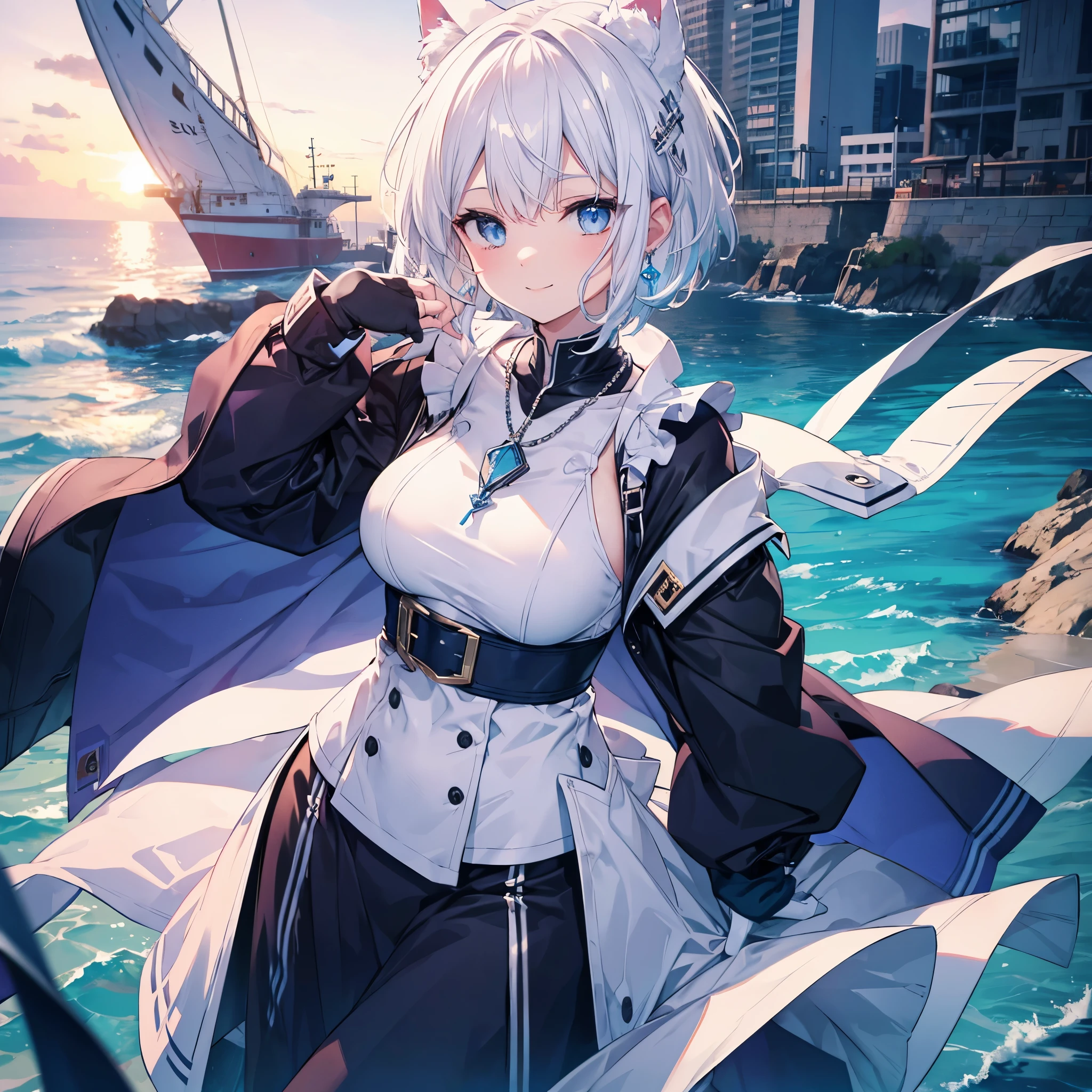 White Hair　blue eyes　short hair　Have　student　Cat ear　nice　Blue Earrings　necklace　gloves　beauty　thin　Sailor suit　Put on a black coat　Fantasy　smile　coastal　sunset　Fluffy hair