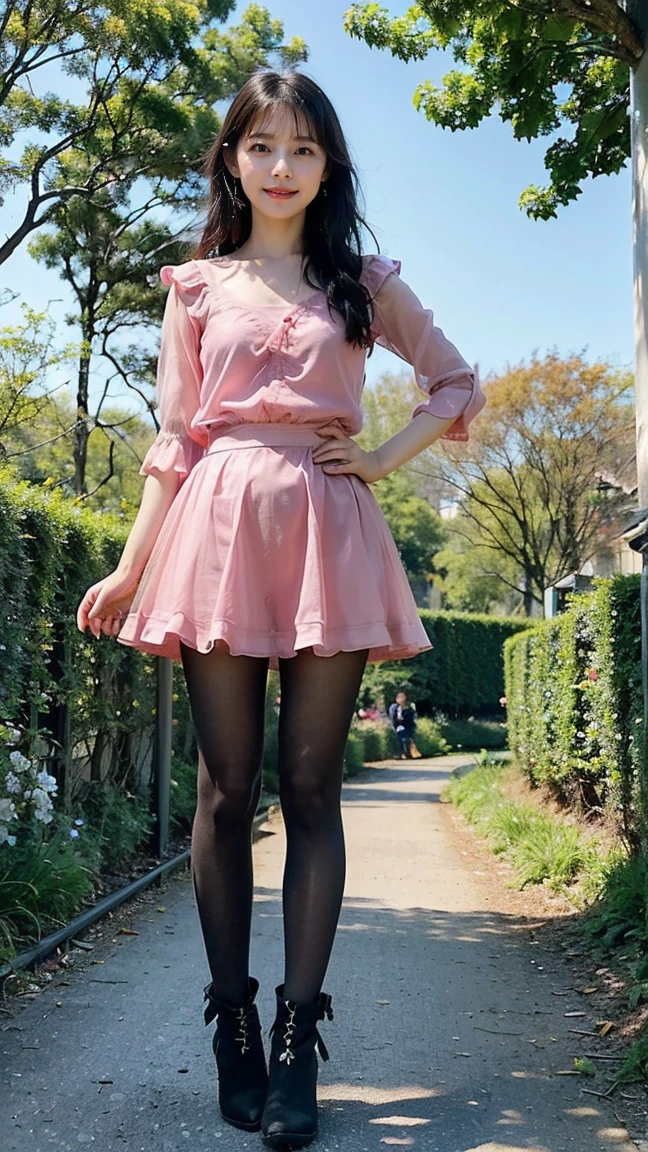 (8K、RAW Photos、Highest quality、masterpiece:1.2)、(Realistic、Realistic)、1 Girl、((Pink dress、Frills、See-through、Black tights、mini skirt、boots、Chest open、whole body、garden、View from the front、Looking into the camera、Stand with one hand on your hip))、