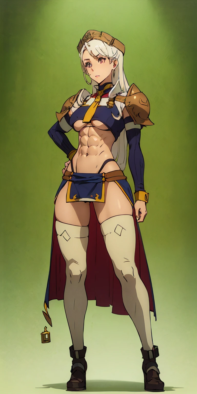 full body from head to toe, Masterpiece, 1soloMILF BIMBO standing loincloth pose, Leather Collar Choker Bell Neck Shackles Wristbands Armbands Sleeves and Stockings, strong body, ABS, shiny skin (Masterpiece, Best Quality) 1girlsolo usando 40K Warhammer Sisters of Battle whsororitas (plain background)