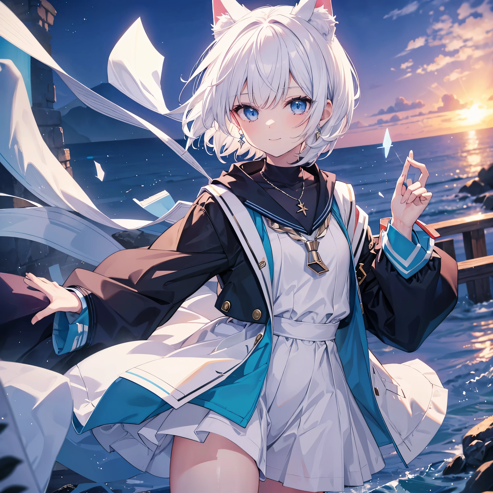 White Hair blue eyes short hair Have student Cat ear nice Blue Earrings necklace gloves beauty thin Sailor suit Put on a black coat Fantasy smile coastal sunset Fluffy hair
