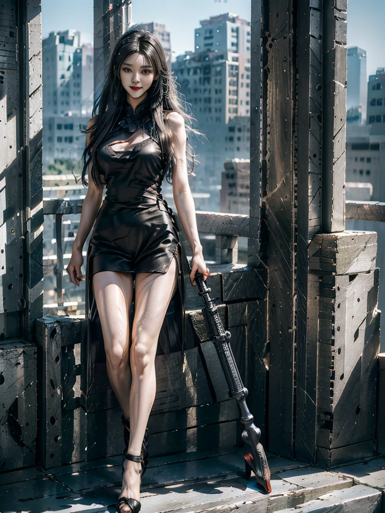 (Top quality，Ultra HD，lifelike: 1.4)Wearing black and gold short qipao，Black high heels，留着高马尾的少女持gun的特写镜头，Beautiful armed girl， (K-Pop Idol) ，Detailed face，opposition，Perfect anatomy，Smooth skin，Professional lighting，Victory in battle，Smile of victory(background，Fire， Huge explosion，Exploded buildings) ,Full body close-up，For the audience，(Holding weapon, Holding rifle, Purposeing, Purpose:1.2), gun, H&k hk416, 马gun, Fire
