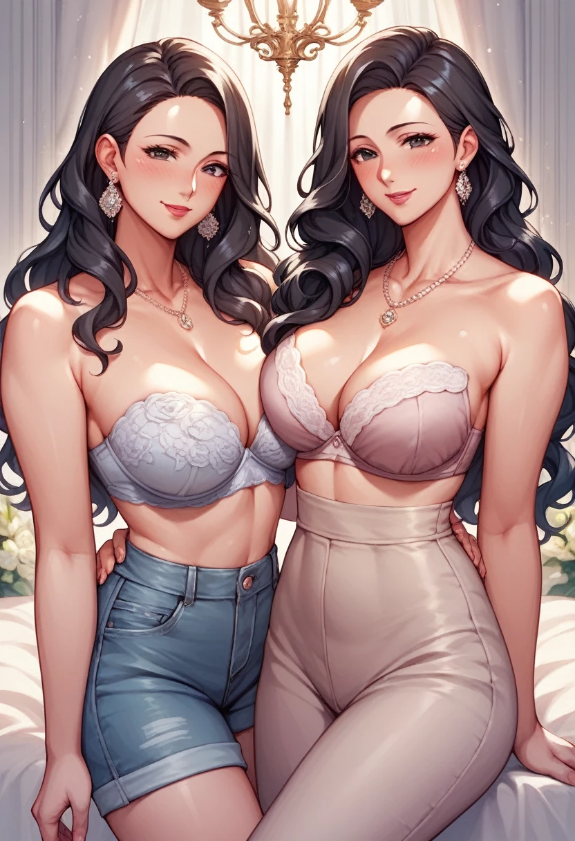 Hot sexy beautiful milf mom ,big long silver chandelier earrings,black hair,blush,black eyes, necklace ,wavy blunt hair, lipstick , strapless bra, shorts, smiling