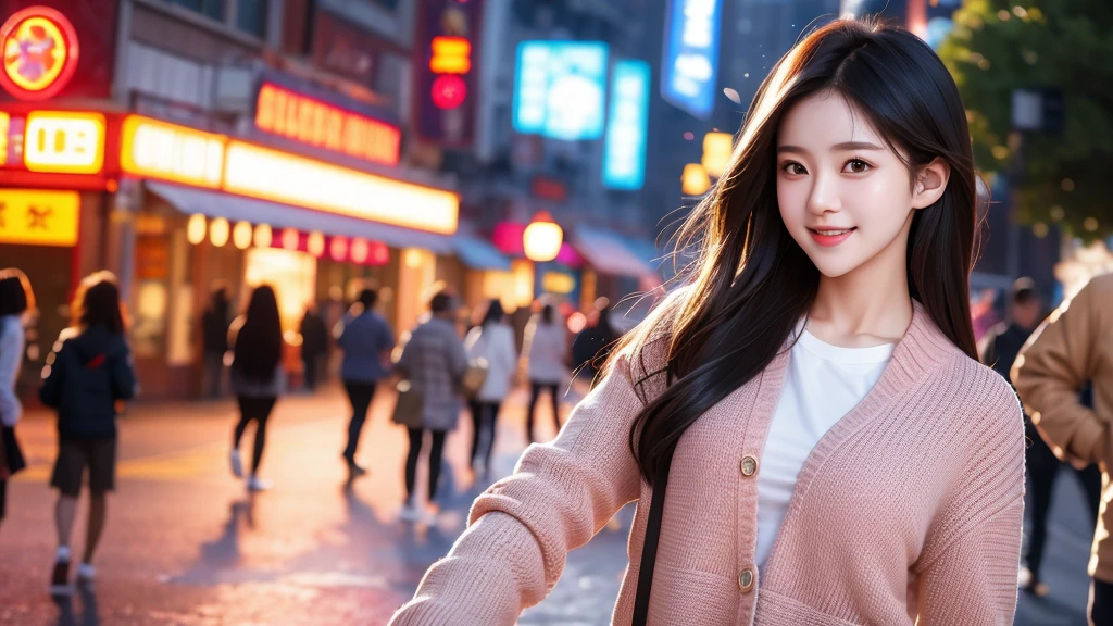 (8k, best quality, masterpiece: 1.2), (realistic, photo-realistic: 1.37), Ultra-detailed, best quality, Ultra high resolution, professional lighting, photon mapping, Radio City, based rendering on physics, cinema lighting, pedestrian street,Depth of field when raining, sharpness,sun rays, well composed,(bokeh:1.2) 1girl,only,(close view),beautiful detailed eyes, smiling face, pose, height thin, medium chest, (Randomly colored clothes), black hair, messy hair, long hair fluttering in the wind, (ulzzang-6500:1.2)