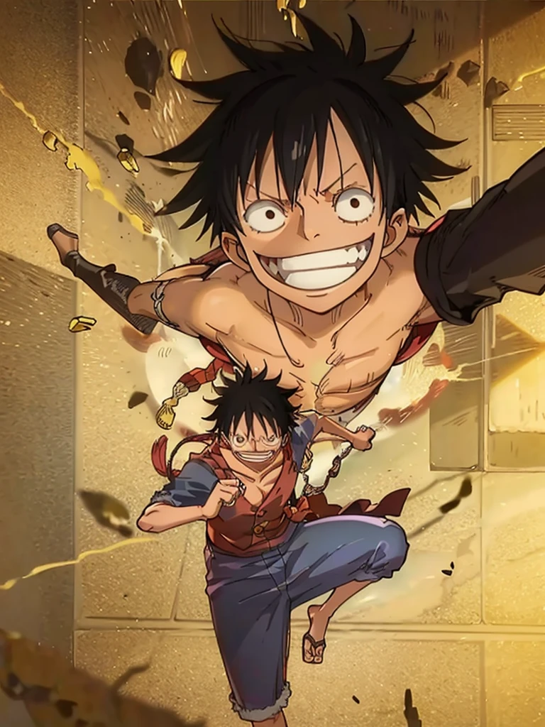 "Monkey D. Luffy in a Jujutsu Kaisen uniform, which consists of a dark blue high-collared jacket with gold buttons, matching pants, and black shoes. He is standing confidently with a determined expression. He is in the middle of saying 'Domain Expansion,' and powerful water elements swirl around him, forming intricate patterns. The scene is dynamic and dramatic, capturing the intense energy of the moment. The background features a dark, stormy sky with lightning to enhance the epic feel. The image is in a 2D manga style, with bold lines and detailed shading."