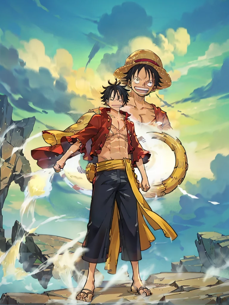 "Monkey D. Luffy in a Jujutsu Kaisen uniform, which consists of a dark blue high-collared jacket with gold buttons, matching pants, and black shoes. He is standing confidently with a determined expression. He is in the middle of saying 'Domain Expansion,' and powerful water elements swirl around him, forming intricate patterns. The scene is dynamic and dramatic, capturing the intense energy of the moment. The background features a dark, stormy sky with lightning to enhance the epic feel. The image is in a 2D manga style, with bold lines and detailed shading."