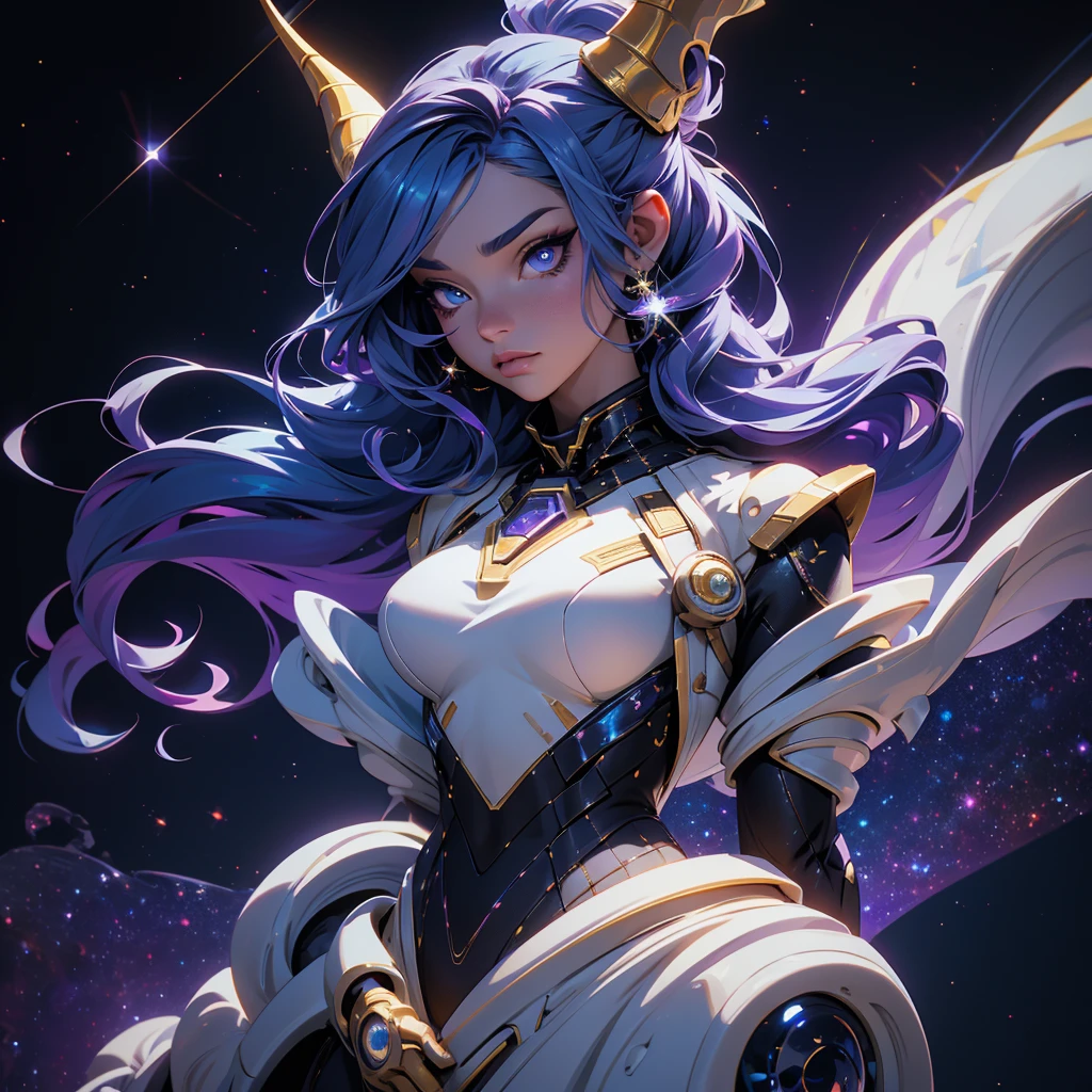 A space dragon sitting at the edge of the universe, lonely, sad, void, stars, the stars mixed in the sea, a sea of stars, ethereal woman, Blue and purple hair , space buns, space outfit, white black and gold outfit, golden dragon horns and tail, space outfit, space suit, mass effect suit, perfectly drawn face, black dress, stars detailed background, prismatic lighting, glitter, whole body, walking on the stars with crystal shoes A beautiful dragon humanoid woman with space hair of variant shades of blue and purple with space buns in hair , Golden scanes on the face and shoulders, Anime, 4k, Beautiful woman with a golden dragon tail and horns, Space hair, Floating in space, Vintage space Attire, floating through space, dancing, havign fun, Space Witch, Witch, Older woman, Toned physique, full body