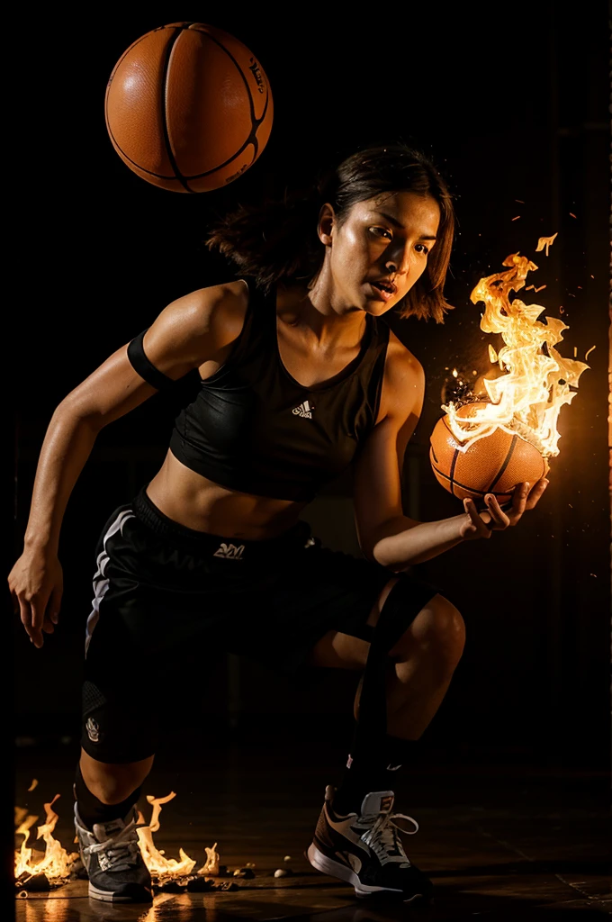 Skull playing basketball on fire