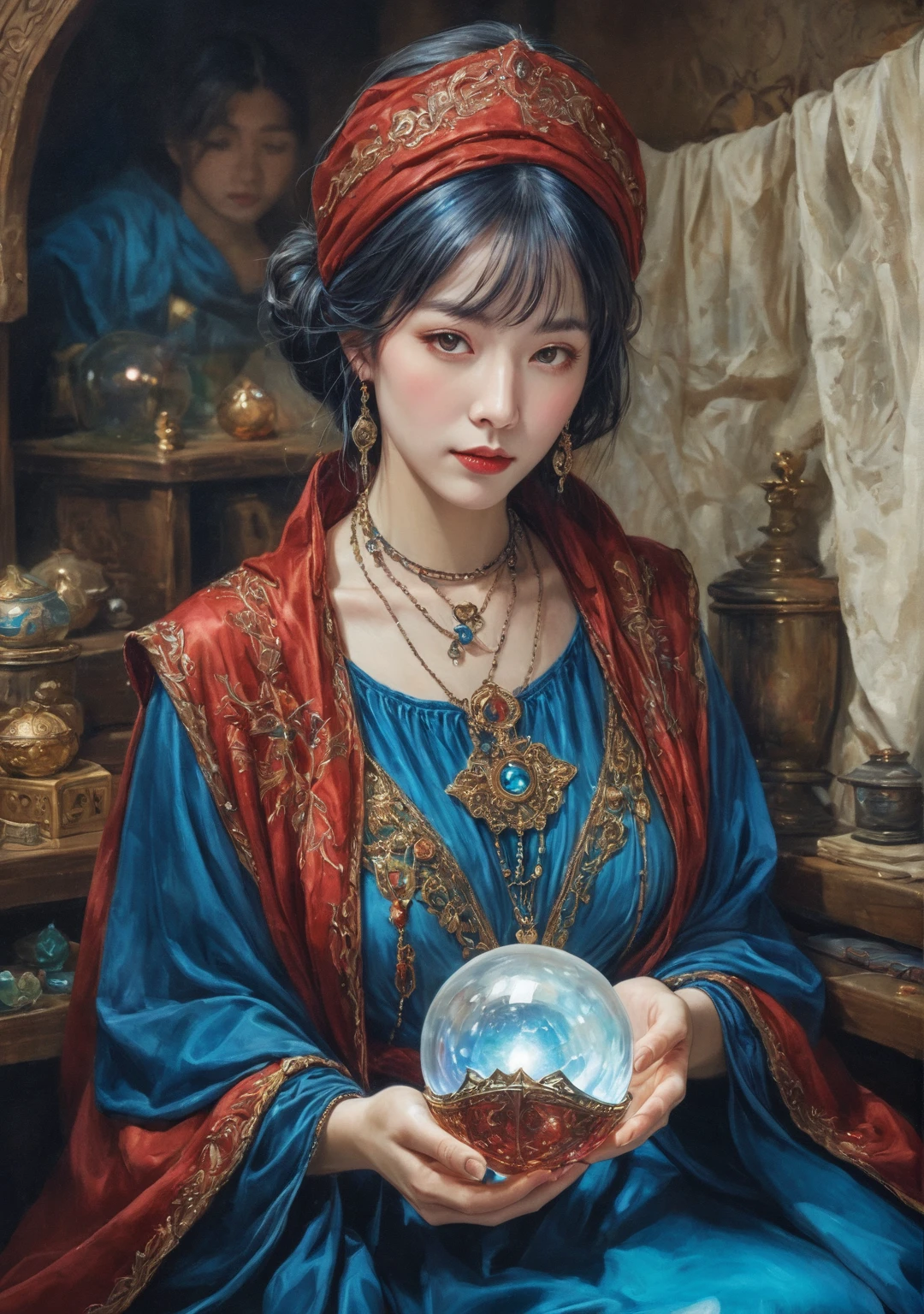 Overall body orientation: frontal. Female fortune teller. Charming, beautiful and mysterious. She wears a blue cloak and has a clear face. The atmosphere is bright and glittering, full of anxiety and anticipation. The fortune teller is standing. He holds a crystal ball in his right hand. The lighting in the room is bright, creating a fantastic atmosphere. Best picture quality, 4K or 8K resolution. The level of detail is very fine and realistic, almost photorealistic. Artistic style should reflect the aesthetic of the formula with bright colors and strong contrasts. The color palette should emphasize the mysterious and mystical theme of the piece. The fortune teller's cloak is embellished with metal trim and intricate designs with a thickness ratio of 1.5. The overall atmosphere is starry and magical. The expression on the fortune teller's face should arouse mystical interest.