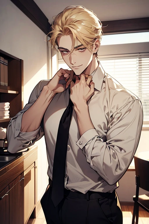 a handsome business man in his 20s with blond hair and brown eyes, messy short hair, a deadpan goofy expression, parallel eyebrows, and a kindly smile, wearing a business shirt and neck tie, looking a bit sleepy and frantically opening his eyes as if he's about to be late for work, standing in a simple 1LDK apartment with a small plant in the room, 4k, 8k, ultra-detailed, best quality, photorealistic, raw photo, perfect face, perfect lines, perfect eyes, soft lighting, digital art, digital illustration