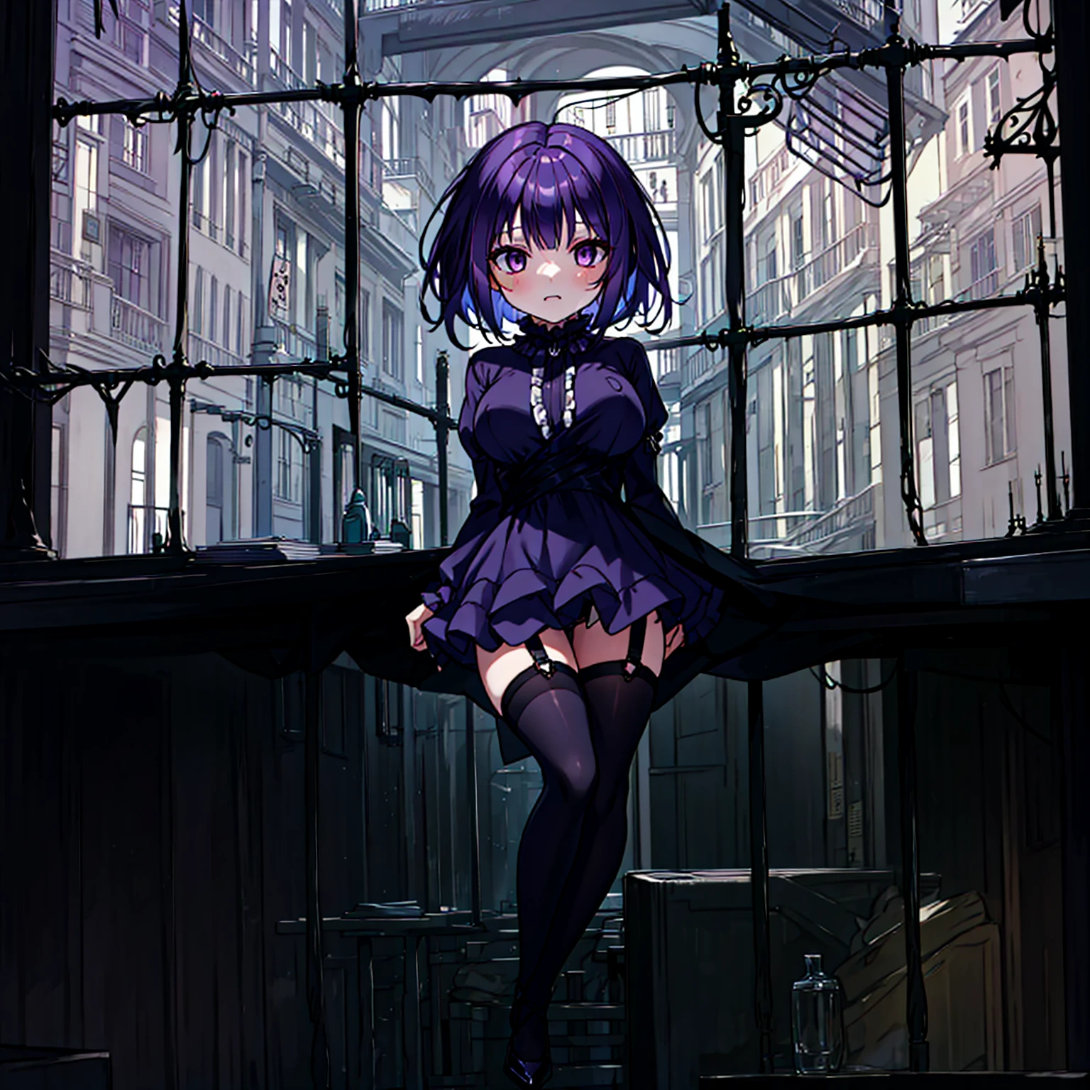 (solo), (1 skinny short girl:1.2), in the dark hall of mansion, (midnight), purple eyes over hair, Gothic ta, arms behind back, BREAK, (black short hair), (bursting large breasts), (bouncing breasts:1.1), pale white skins, (skinny narrow waist), skinny legs, BREAK, (frilled layered black short dress), (frilled black cape), close chest, frilled long sleeve, show off thigh gap, (frilled black thighhighs:1.1), stiletto heels, BREAK, sad face, orgasm, coverd erectile nipples