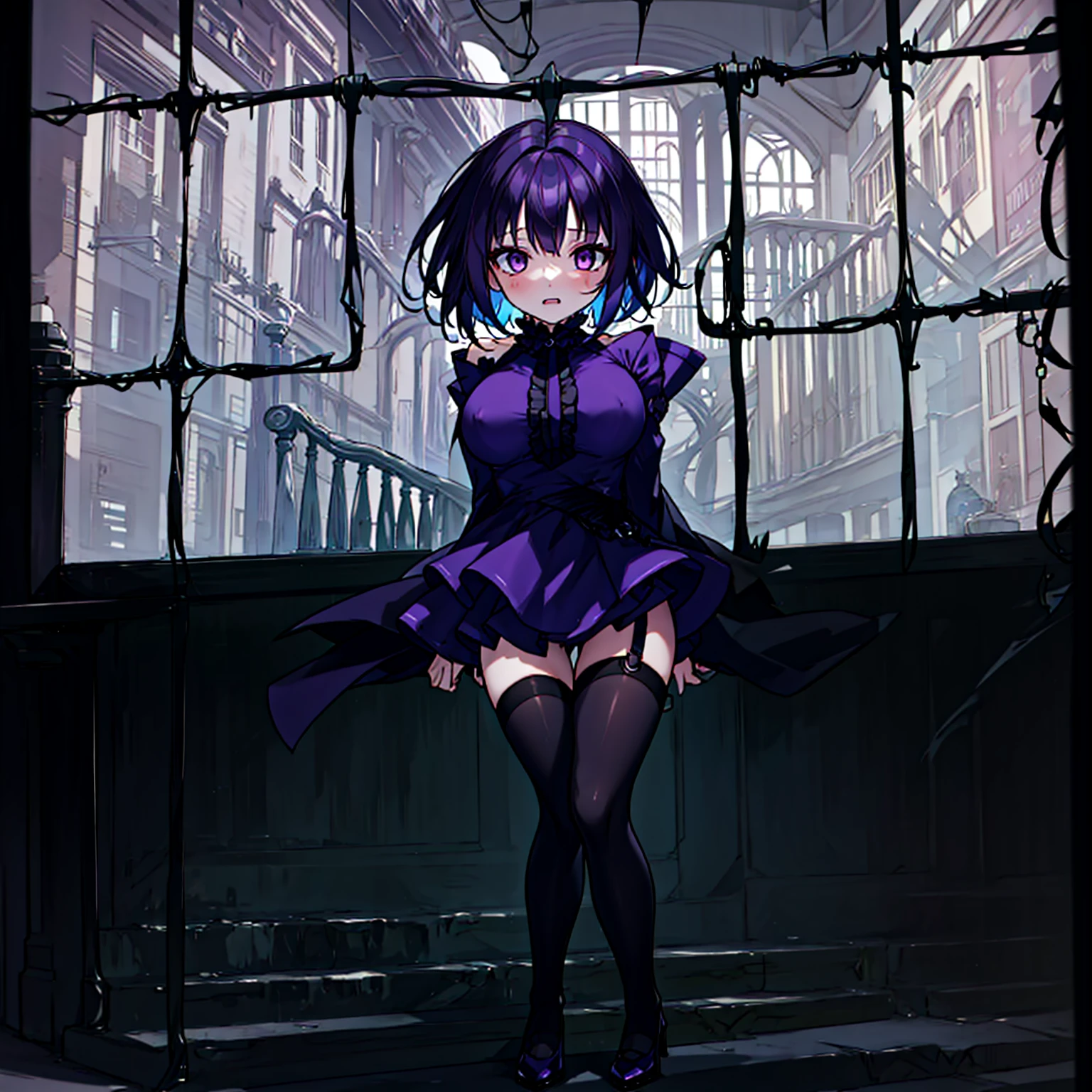 (solo), (1 skinny short girl:1.2), in the dark hall of mansion, (midnight), purple eyes over hair, Gothic Lolita, arms behind back, BREAK, (black short hair), (bursting huge breasts:1.1), (bouncing huge breasts:1.1), pale white skins, (skinny narrow waist), skinny legs, BREAK, (frilled layered black short dress), (frilled black cape), close chest, frilled long sleeve, show off thigh gap, (frilled black thighhighs:1.1), stiletto heels, BREAK, sad face, orgasm, coverd erectile nipples