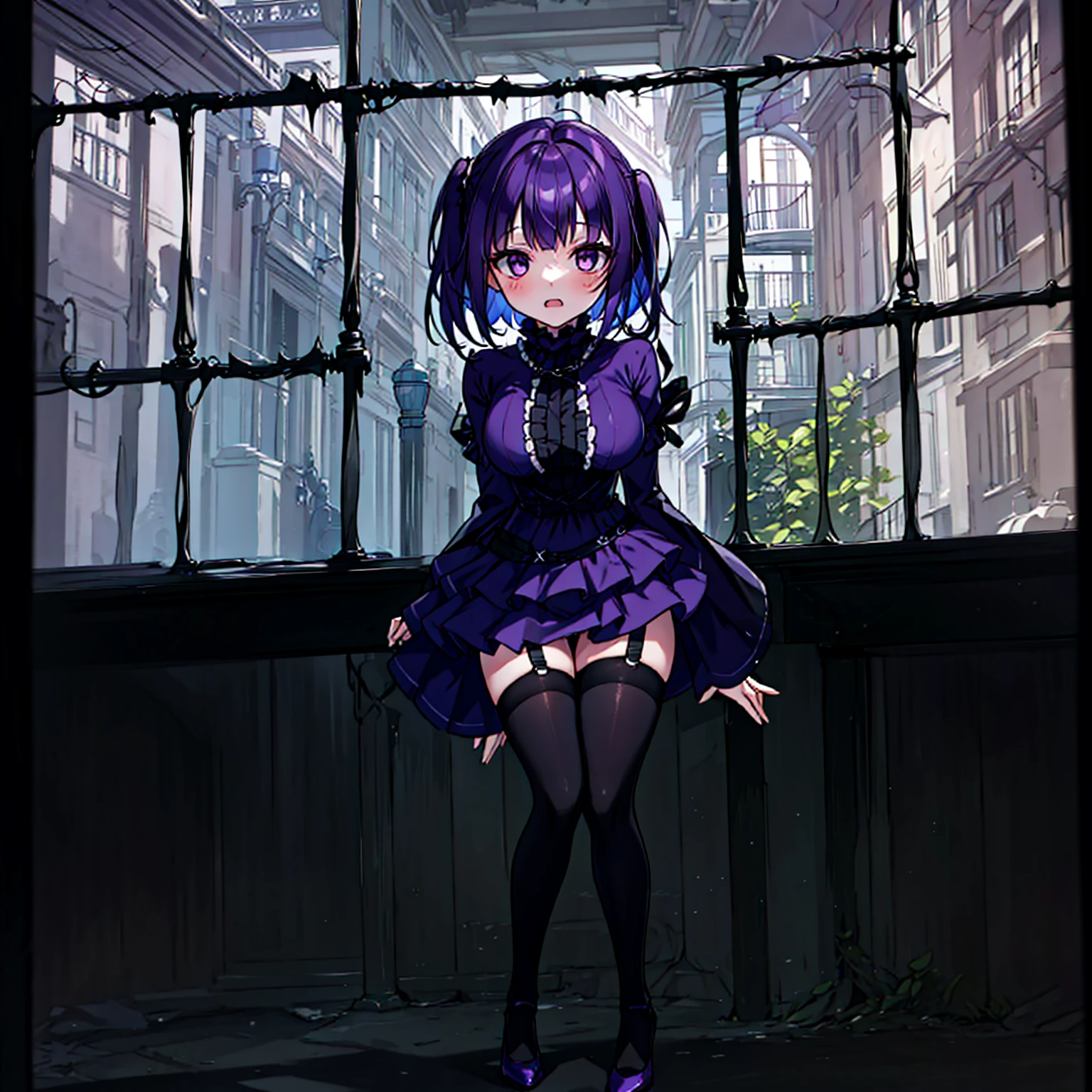 (solo), (1 skinny short girl:1.2), in the dark hall of mansion, (midnight), purple eyes over hair, Gothic Lolita, arms behind back, BREAK, (black short hair), (bursting large breasts), (bouncing breasts:1.1), pale white skins, (skinny narrow waist), skinny legs, BREAK, (frilled layered black short dress), (frilled black cape), close chest, frilled long sleeve, show off thigh gap, (frilled black thighhighs:1.1), stiletto heels, BREAK, sad face, orgasm, coverd erectile nipples