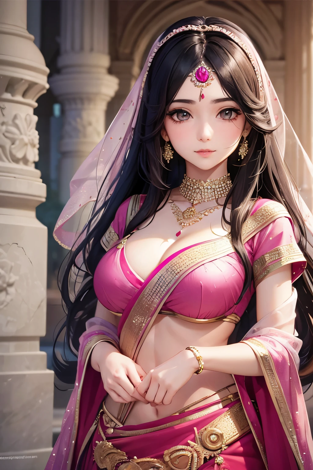 masterpiece, best quality, highly detailed, high resolution, expensive resolution, high resolution, 4k, 8k, uniform 8k wallpaper, highly detailed CG, masterpiece, 2d, 3d, beautiful details, depth, fine texture, best quality: 1.3, perfectly focused, sharp. skin, him, very cute anime girl, cute 20s girl in indian costume saree, big breasts, pink medium long hair in expensive clothes, mole under eye, looking at the viewer, expensive, blush, mole, open lips, pink eyes, smiling heart shaped choker