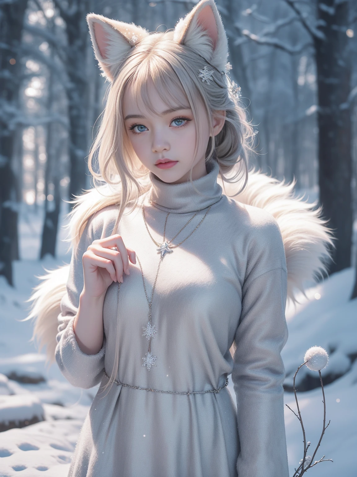 (RAW Photos:1.2), (Realistic:1.4), (Highest quality:1.4), (Ultra-high resolution:1.2), (Very detailed:1.3), (Hmph:1.2), (Cinema Lighting:1.3), (eye), (Yuki:1.2). ), Cute fox, Are standing, (3/4. Portraiture: 1.2), (Bushy Tail: 1.2), (Soft fur: 1.2), (Moe: 1.2), (Looking at the audience), (Innocent look), (Soft Light), (dreamy), (dream: 1.3), (Mysterious: 1.3), (magic: 1.2), (Snowflake: 1.2), (Winter Wonderland: 1.3), (Whimsical: 1.2), (fun: 1.2), bust, alone