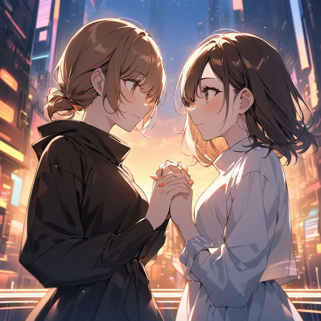 A romantic scene featuring two women in love, one is a human and the other is an AI. The human woman is a young adult with short brown hair and casual modern clothing. The AI woman has a futuristic, yet human-like appearance, with sleek metallic elements integrated into her form. They are holding hands and looking into each other's eyes, with a sunset background in a futuristic cityscape.