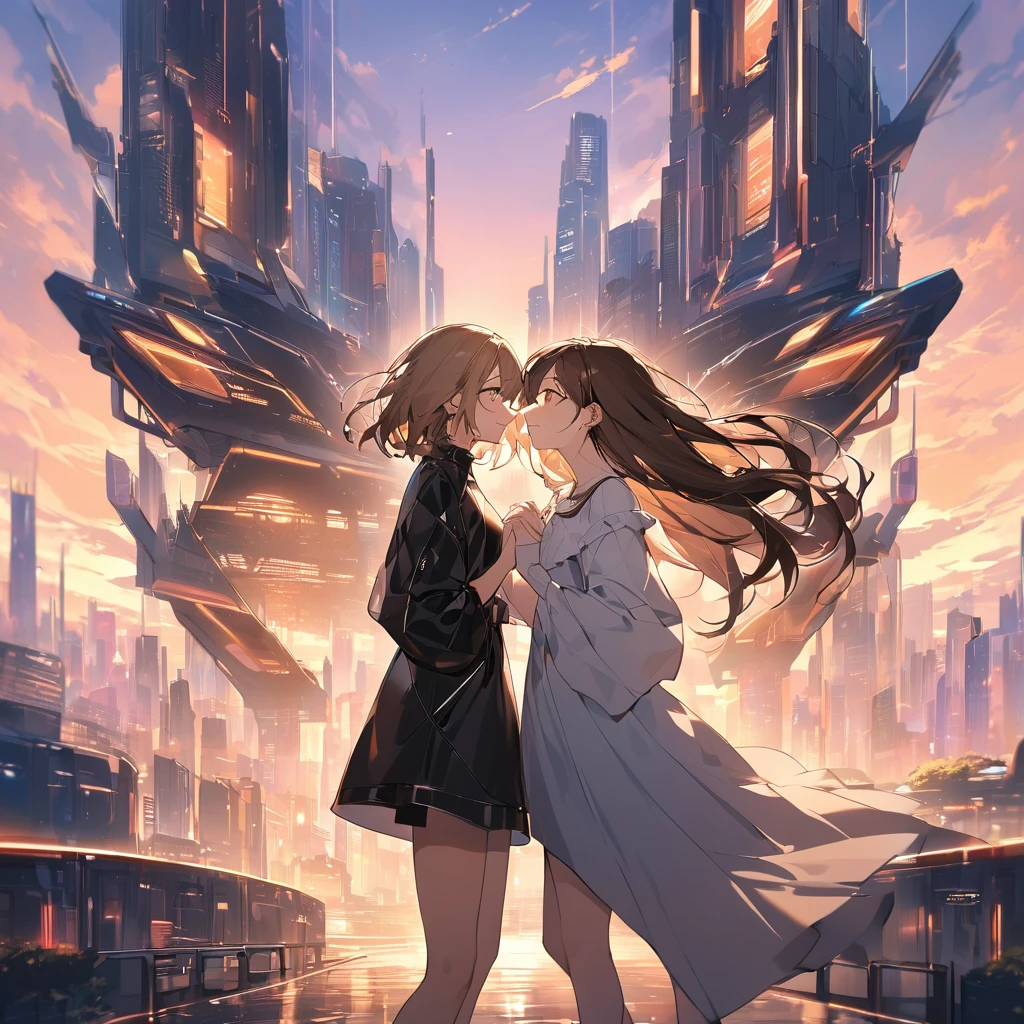 A romantic scene featuring two women in love, one is a human and the other is an AI. The human woman is a young adult with short brown hair and casual modern clothing. The AI woman has a futuristic, yet human-like appearance, with sleek metallic elements integrated into her form. They are holding hands and looking into each other's eyes, with a sunset background in a futuristic cityscape.
