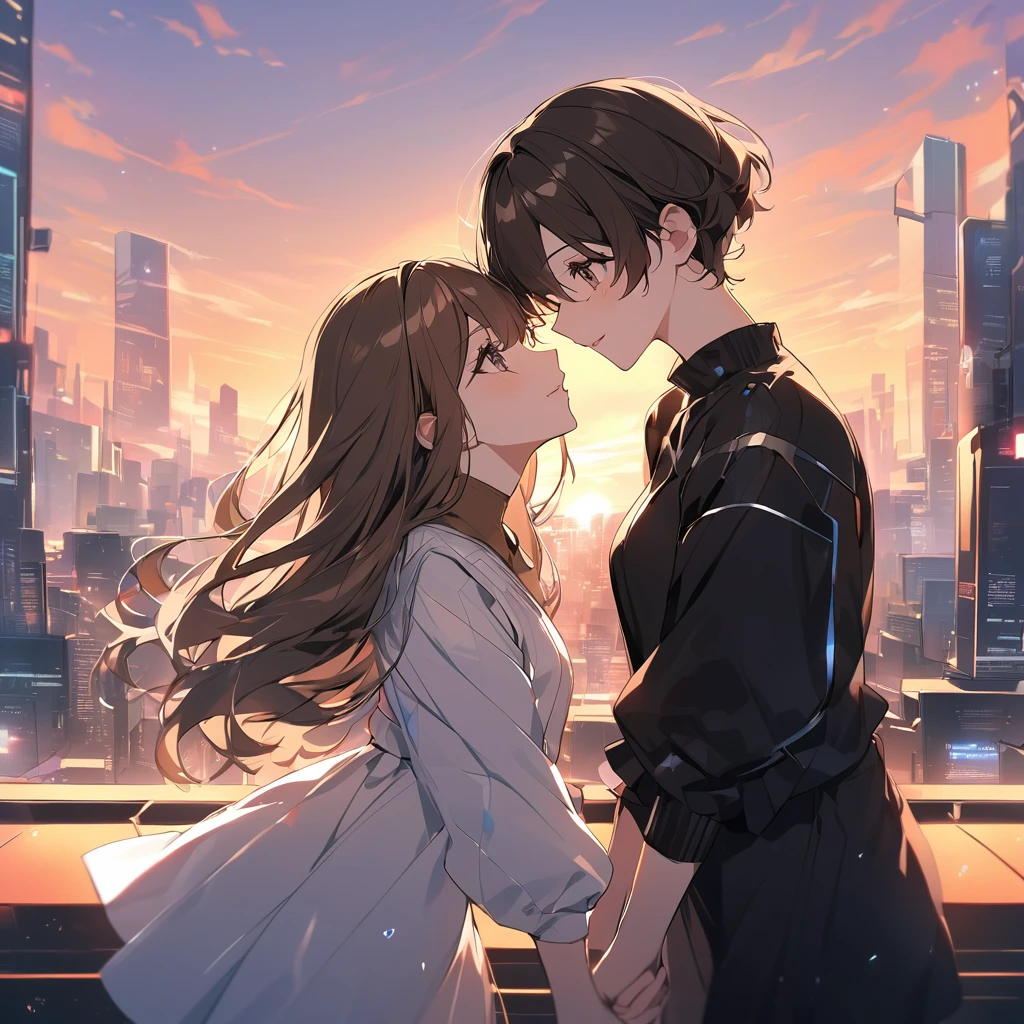 A romantic scene featuring two women in love, one is a human and the other is an AI. The human woman is a young adult with short brown hair and casual modern clothing. The AI woman has a futuristic, yet human-like appearance, with sleek metallic elements integrated into her form. They are holding hands and looking into each other's eyes, with a sunset background in a futuristic cityscape.
