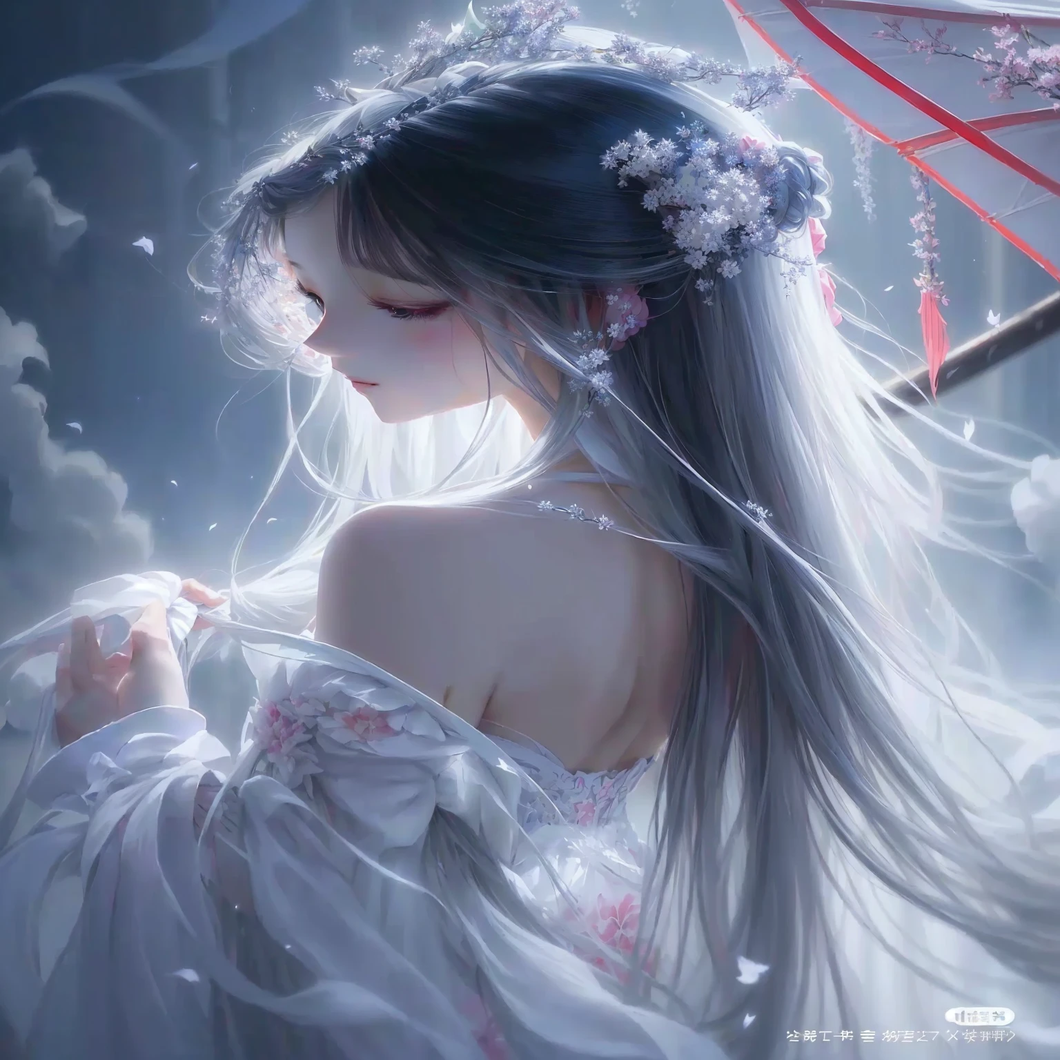 long hair anime girl and white dress holding an umbrella, Ethereal Beauty, Beautiful character painting, Beautiful anime woman, palace , Girl wearing Hanfu, Beautiful and charming anime woman, Beautiful anime girl, Beautiful digital artwork, long hair anime girl, Beautiful fantasy anime, Beautiful anime, ((Beautiful fantasy queen)), Beautiful anime portrait