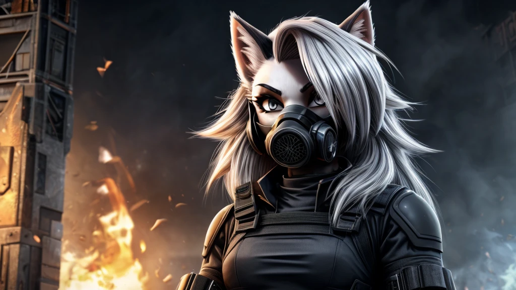 Loona from Helluva Boss, female white wolf, anthro, short white hair, grey eyes, fireproof ballistic reinforced combat suit, full face gas mask, standing, detailed, solo, beautiful, high quality, 4K