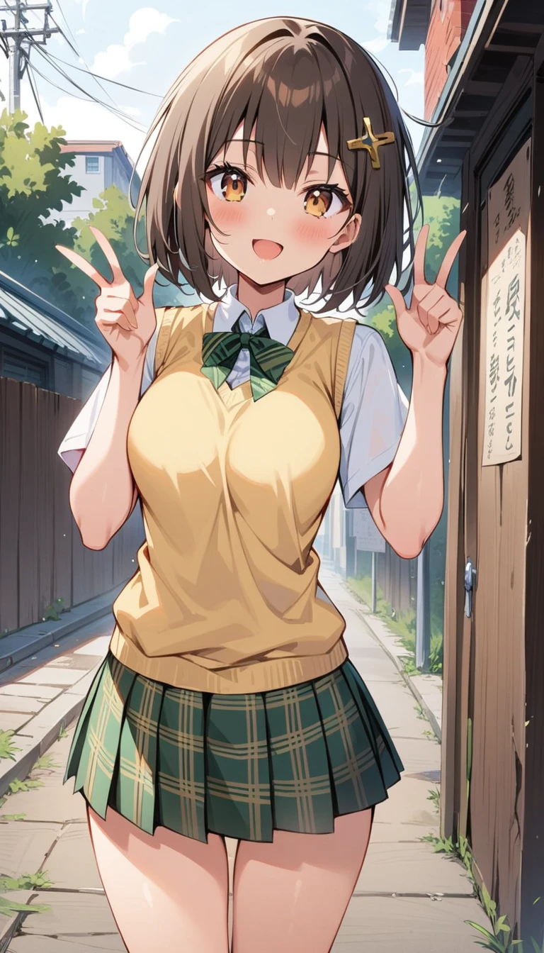 ((((kipteitei art)))), ((highres)),Masterpiece, high quality, best quality, beautiful, perfect lighting, detailed face, ultra cute face, ((1girl)), ((solo), brown hair, bob cut, bangs, ((fluffy hair)), brown eyes, nervous look, shy, weight conscience  blush, ((school uniform)), ((tan Blaser sweater)), (tight clothes)), ((undersized skirt)), school bag on shoulder, thigh highs, green skirt, outside, walking though suburb, ((small breasts)), perky breasts, ((wide hips)), (((thick thighs))), tummy bulge, 19 year old girl,