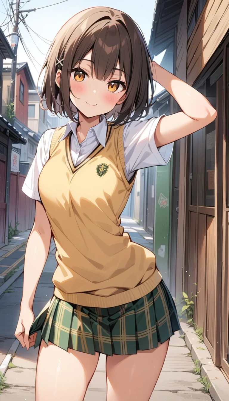 (Masterpiece, Best Quality:1.2), 1 girl, Alone,standing_to divide, Mikan Yuuki, Brown eyes, Brown hair, hair ornament,short hair,green plaid skirt, Sainan High , , White shirt, yellow sweater vest, traditional street, pose kawaii, happy face


