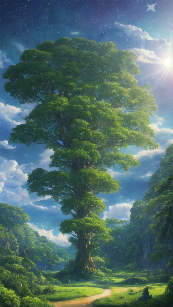 Illustration of a hyperrealistic, Otherworldly, super sky scene,Including the whole body of the giant crystal tree, Very detailed and magical lighting, Intricate forest details, Vegetation and surrounding rivers, Solar Punk, landscape, Giant Tree , Beautiful green leaves, Beautiful lighting and realistic proportions, As if this is the background, 8K, best quality, masterpiece, Clouds and stars in the sky.