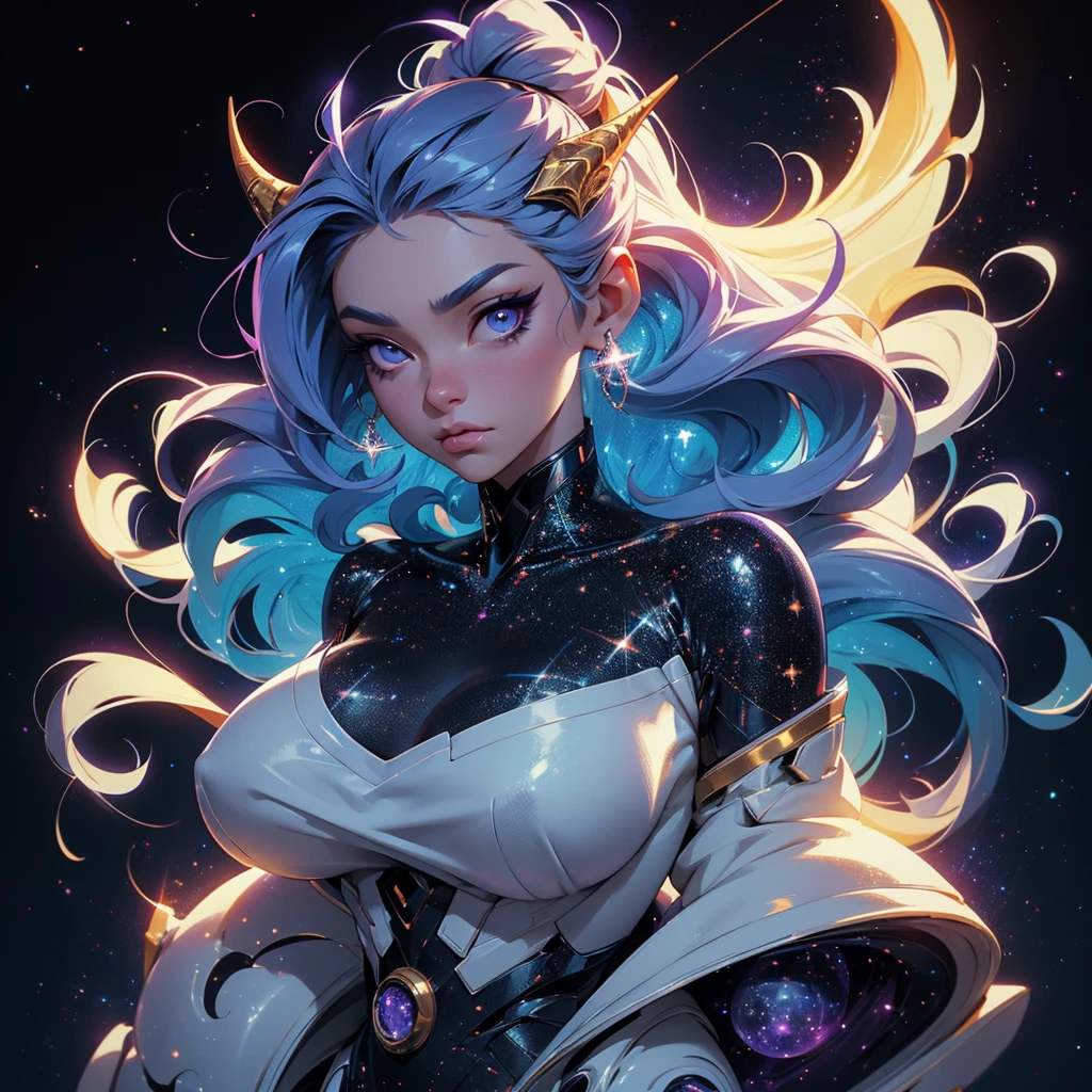 A space dragon sitting at the edge of the universe, lonely, sad, void, stars, the stars mixed in the sea, a sea of stars, ethereal woman, Blue and purple hair , space buns, space outfit, white black and gold outfit, golden dragon horns and tail, space outfit, space suit, mass effect suit, perfectly drawn face, black dress, stars detailed background, prismatic lighting, glitter, whole body, walking on the stars with crystal shoes A beautiful dragon humanoid woman with space hair of variant shades of blue and purple with space buns in hair , Golden scanes on the face and shoulders, Anime, 4k, Beautiful woman with a golden dragon tail and horns, Space hair, Floating in space, Vintage space Attire, floating through space, dancing, havign fun, Space Witch, Witch, Older woman, Toned physique, full body