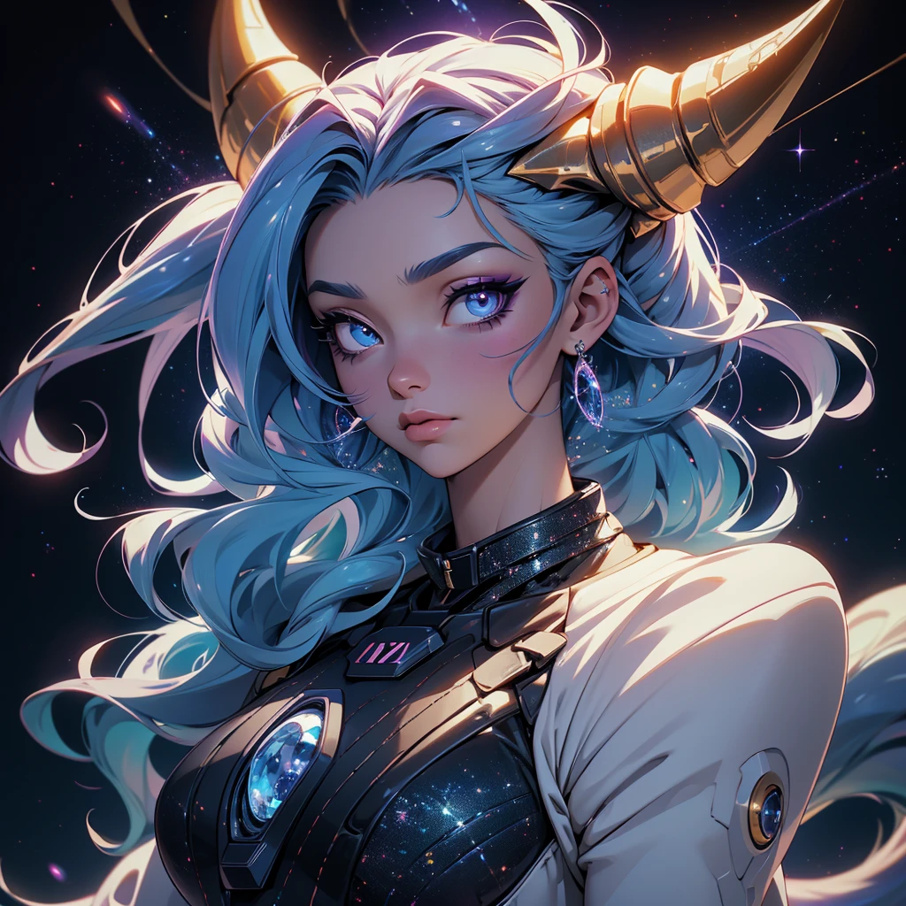 A space dragon sitting at the edge of the universe, lonely, sad, void, stars, the stars mixed in the sea, a sea of stars, ethereal woman, Blue and purple hair , space buns, space outfit, white black and gold outfit, golden dragon horns and tail, space outfit, space suit, mass effect suit, perfectly drawn face, black dress, stars detailed background, prismatic lighting, glitter, whole body, walking on the stars with crystal shoes A beautiful dragon humanoid woman with space hair of variant shades of blue and purple with space buns in hair , Golden scanes on the face and shoulders, Anime, 4k, Beautiful woman with a golden dragon tail and horns, Space hair, Floating in space, Vintage space Attire, floating through space, dancing, havign fun, Space Witch, Witch, Older woman, Toned physique, full body