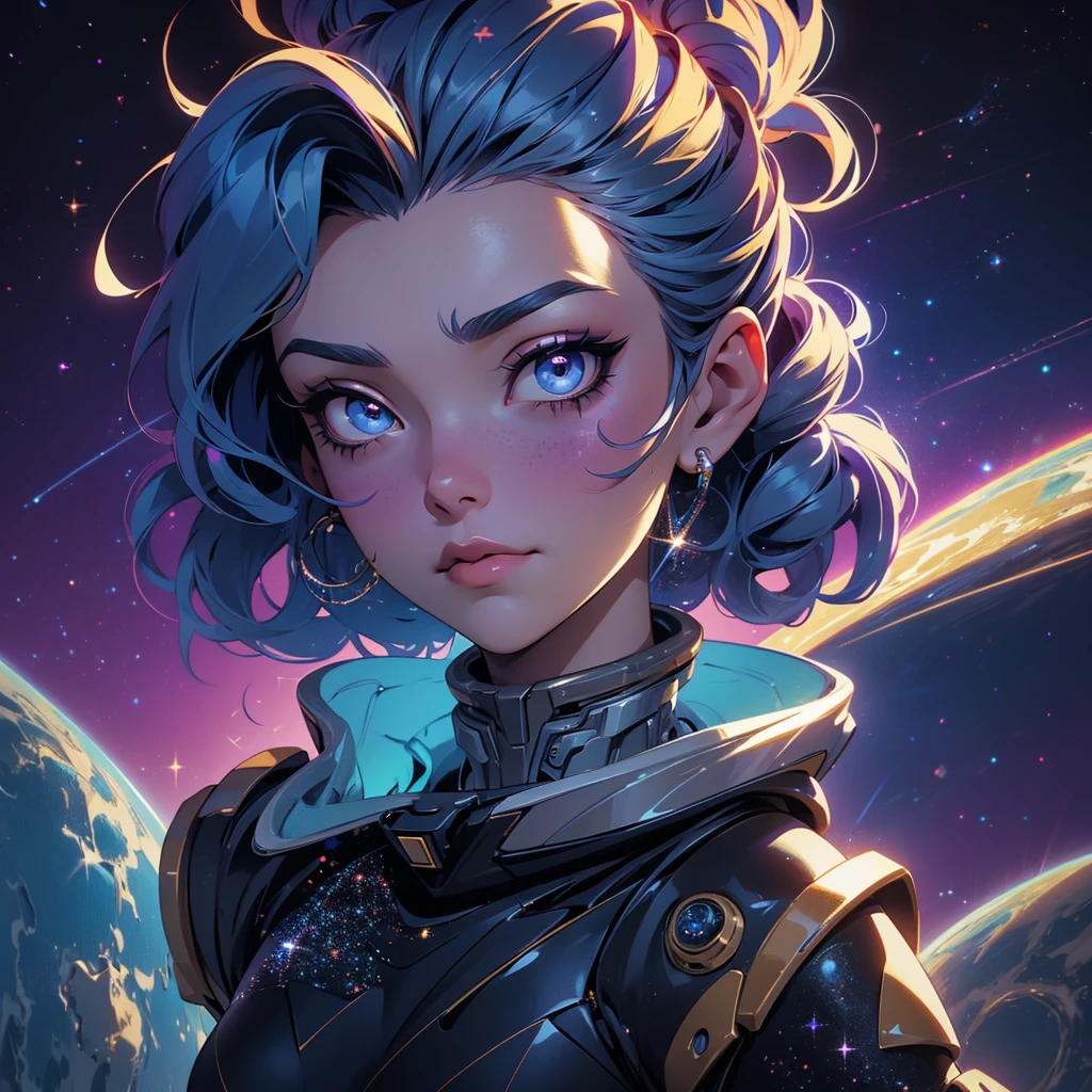 A space dragon sitting at the edge of the universe, lonely, sad, void, stars, the stars mixed in the sea, a sea of stars, ethereal woman, Blue and purple hair , space buns, space outfit, white black and gold outfit, golden dragon horns and tail, space outfit, space suit, mass effect suit, perfectly drawn face, black dress, stars detailed background, prismatic lighting, glitter, whole body, walking on the stars with crystal shoes A beautiful dragon humanoid woman with space hair of variant shades of blue and purple with space buns in hair , Golden scanes on the face and shoulders, Anime, 4k, Beautiful woman with a golden dragon tail and horns, Space hair, Floating in space, Vintage space Attire, floating through space, dancing, havign fun, Space Witch, Witch, Older woman, Toned physique, full body