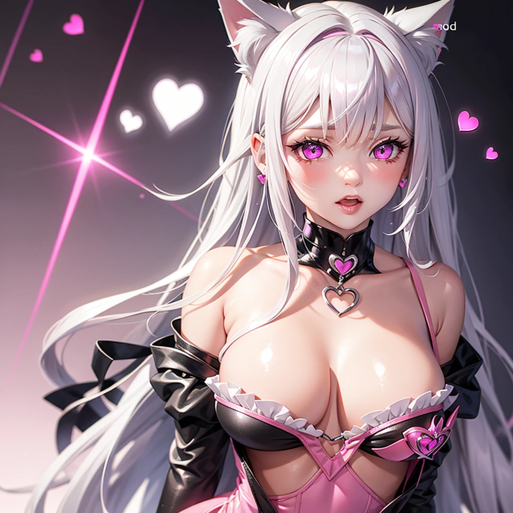 Silver hair, pink eyes, hot pink dress, cat ears, sexy girl, earrings, heart background fantasy, sexy