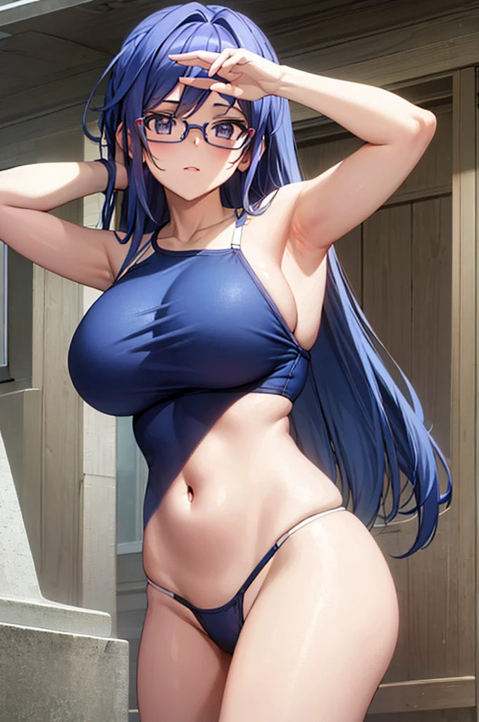Highest quality, masterpiece, ((Big Breasts)), School Swimsuit, Blue Hair, Glasses