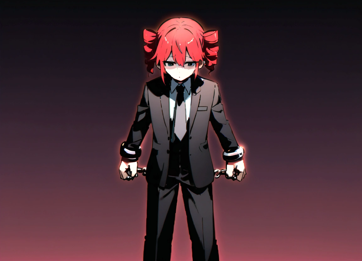 Red hair、Black suit、Black slacks、Wearing leather shoes、Handcuffed
