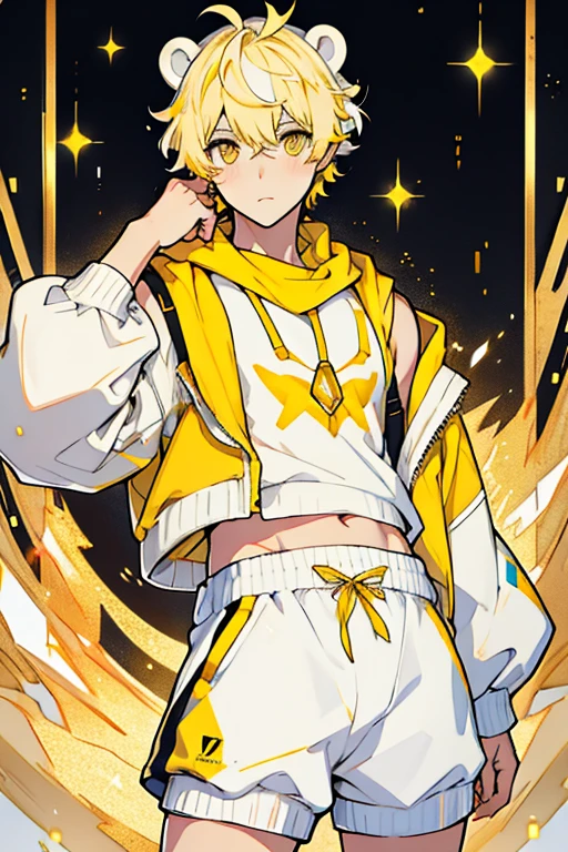Young man short curly hair white with glitter polar bear ears yellow eyes yellow sleeveless shirt yellow waist sweater white shorts