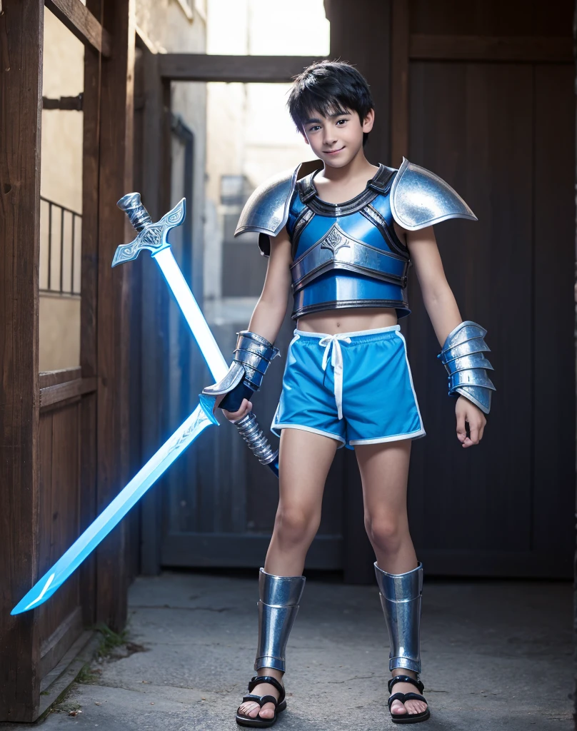 Young 13-year-old boy with black hair and brown eyes, innocent and happy, dressed in short neon-blue medieval barbarian clothes, fur shorts, light-blue battle armor, weilding silver sword and shield, sandals; fullbody; short hair, boyish athletic, sexy,