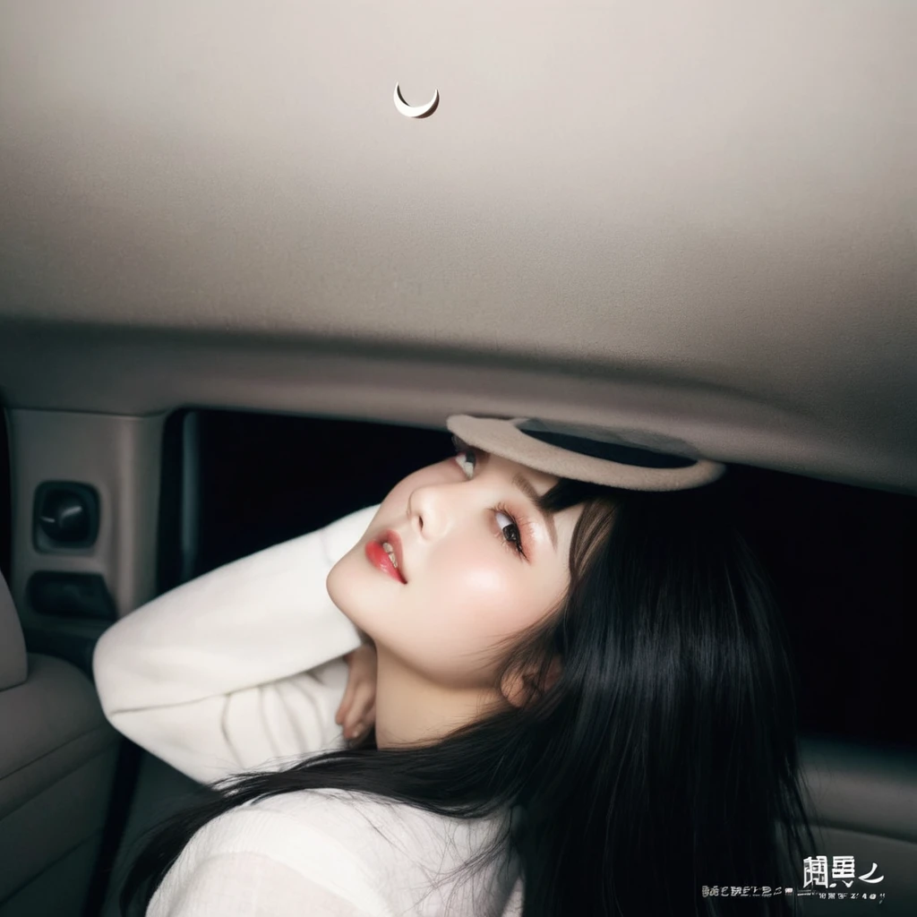 1 girl, beautiful detailed eyes, beautiful detailed lips, extremely detailed eyes and face, long eyelashes, elegant asian woman, sitting in car, smiling joyfully, reclining in backseat, side view, head tilted up, camera looking at her, soft cloudy sky, crescent moon, lofi aesthetic, high quality photograph, long black hair, asian beauty standards, best quality, masterpiece, intricate details, color grading, sharp focus, hyper detailed, ArtStation trending