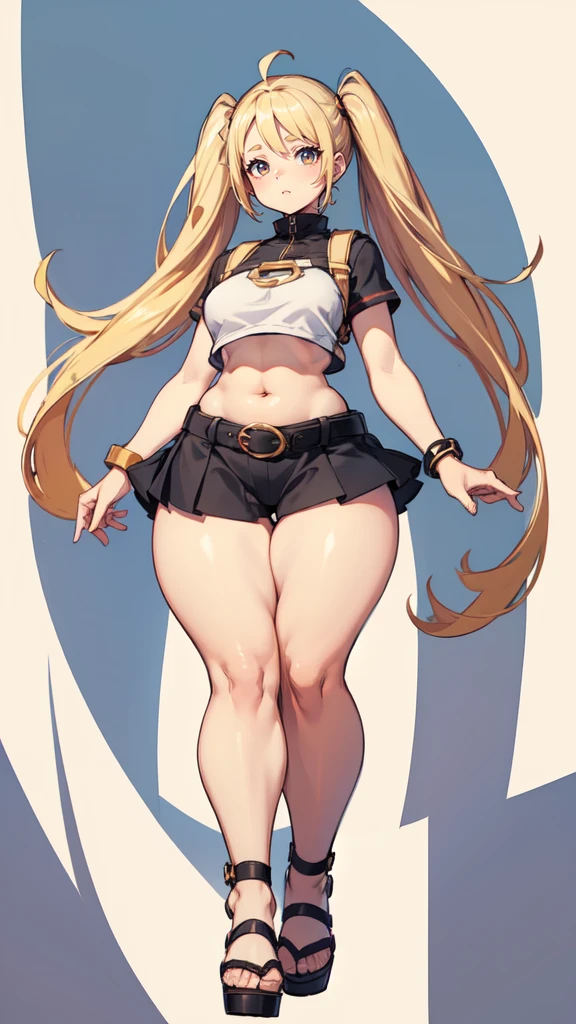 blank background, (((full body))), (masterpiece), ((best quality)), (very short girl), flat chest, short twintail, (wide hips:1.4), (thick thighs:1.5), (very short skirt), sandals, belt below navel, fanny packs, blonde