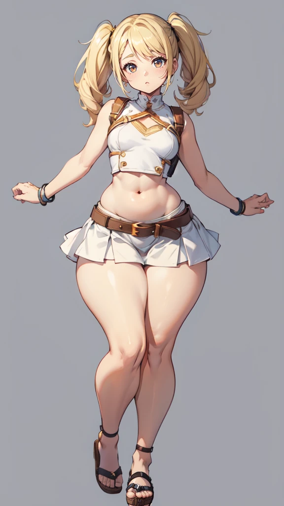 blank background, (((full body))), (masterpiece), ((best quality)), (very short girl), flat chest, short twintail, (wide hips:1.4), (thick thighs:1.5), (very short skirt), sandals, belt below navel, fanny packs, blonde