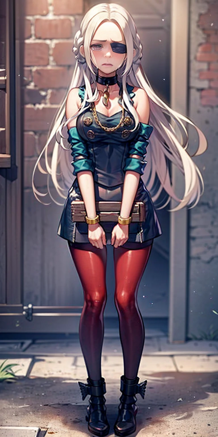 (masterpiece, best quality), intricate details, 1girl, 1girl in, age19, Solo, Long hair, Colossal, Looking at Viewer, blond hair (standing full body toe to head by wooden pole:1.2) iron collar, arms behind back, iron cuffs, shackles, bound, bondage outfit, harness, o-ring, bondage outfit blindfolded, happy red cheeks, chain leash collar choker neck bell shackles wristbands bracers bracelets, cleave gag, sad face, red cheeks, crying tears, painful (she was sold and betrayed by her own family)