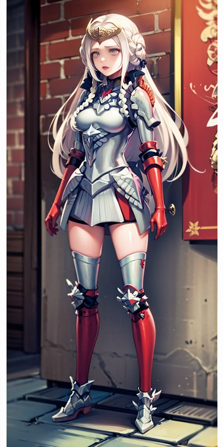 Full body Bozes 1chicasolo, long_Hair, rubio_Hair, Brown_eyes, jewelry, superior_body, lipstick, pindiintes, layer, armor, Drill_Hair, tiara, corona, shoulder_armor, red gauntlets, shoulder pads, breastpline, Style_parody, female knight, golden curls, cheered up_Colorant, looking_in_viewer